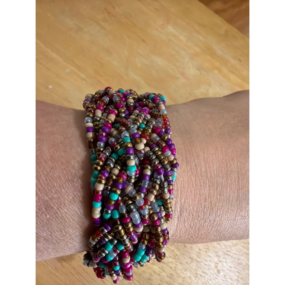 Handmade Multi Strand Braided Seed Bead Bracelet Colorful Boho Chunky - Picture 2 of 5